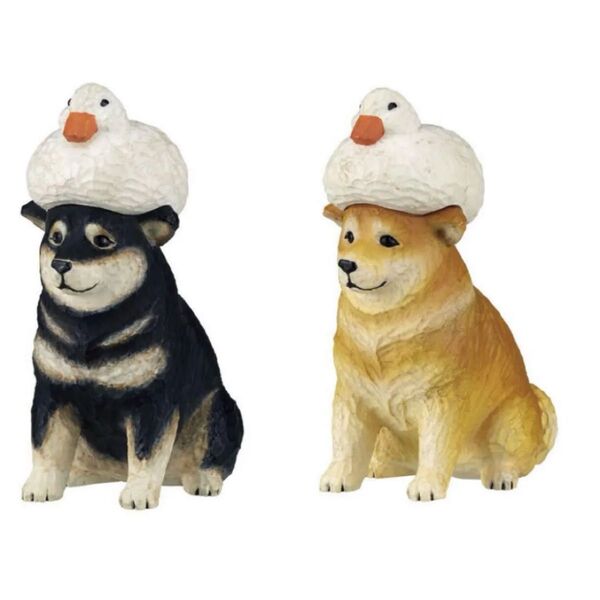 あかねの木彫り アヒルと犬 柴犬 赤柴 黒柴