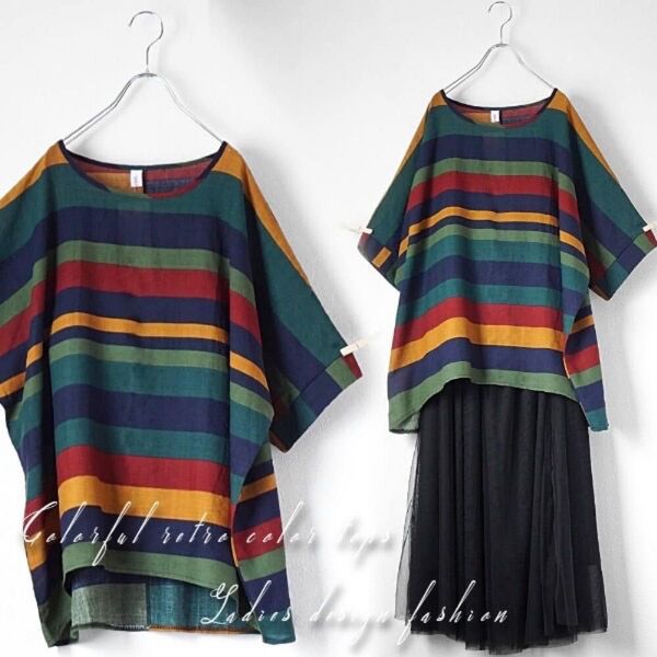 大きいサイズ リネン混 レトロカラー カラフル ボーダー柄 カットソー 半袖 トップス Tシャツ ドルマンスリーブ コットン