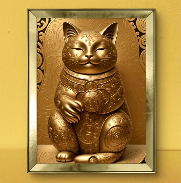 黄金の招き猫 開運と幸福を招き入れる 額縁付き 風水グラフィック