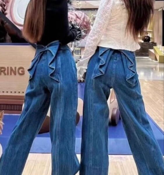 バックリボン ハイウェスト デニムワイドパンツ
