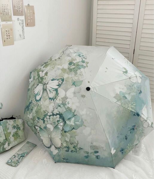 晴雨兼用傘 折りたたみ傘 グリーン系 可愛い 蝶々 花柄 日傘 雨傘 オシャレ 丈夫 UVカット 紫外線遮断 断熱 耐風