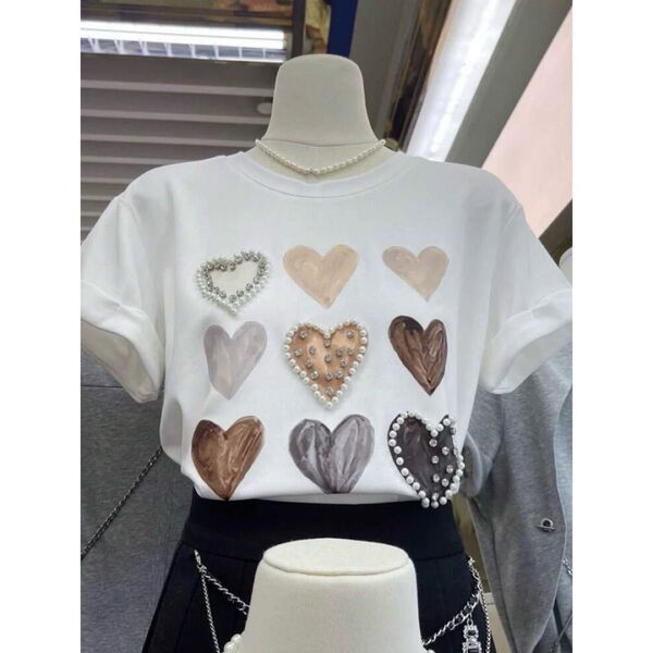 トップス Tシャツ 半袖 半袖Tシャツ ハート パール ビジュー カットソー ホワイト 無地 白 夏服 柄 レディース