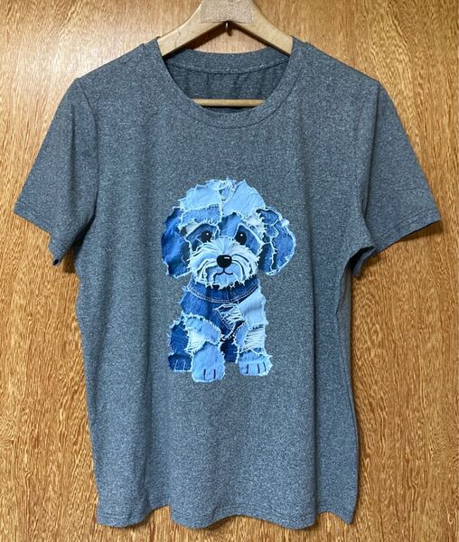 デニムワンちゃん♪ 犬柄 半袖Tシャツ ダークグレー Lサイズ