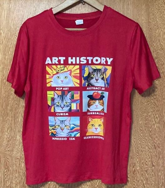 アーティスティック猫ちゃん♪ 猫柄 半袖Tシャツ レッド Lサイズ
