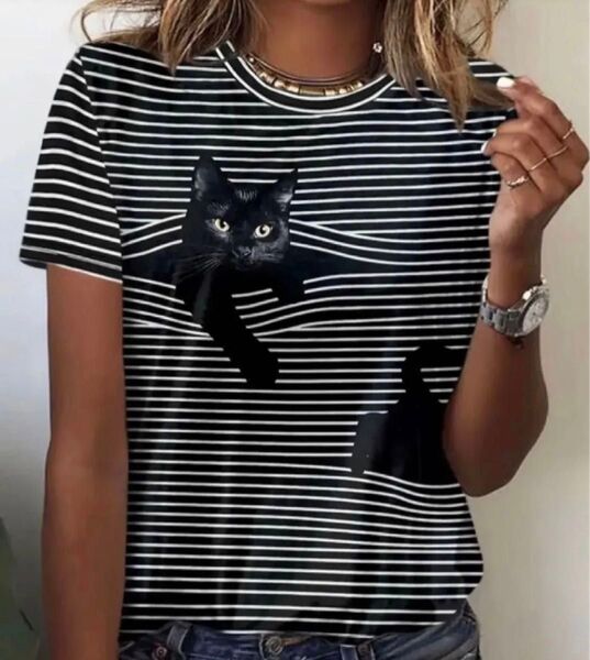黒猫ちゃん♪ 猫柄 半袖Tシャツ ボーダー ブラック Lサイズ