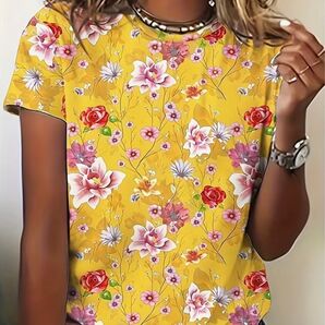 鮮やかイエロー♪ 花柄 半袖Tシャツ Lサイズ