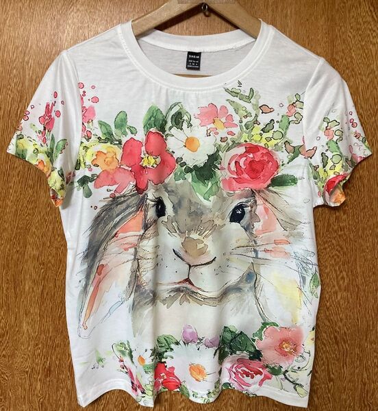 お花とうさぎさん♪ うさぎ柄 半袖Tシャツ Sサイズ