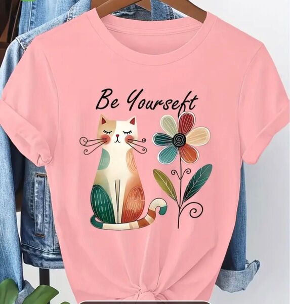 猫柄 半袖Tシャツ ピンク Lサイズ