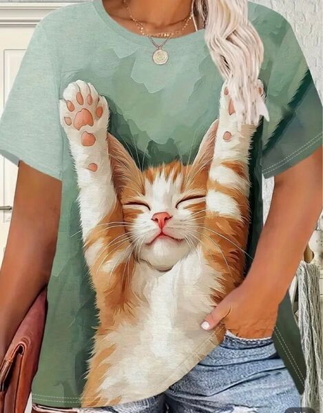 へそ天子猫♪ 猫柄 半袖Tシャツ グリーン 0XLサイズ