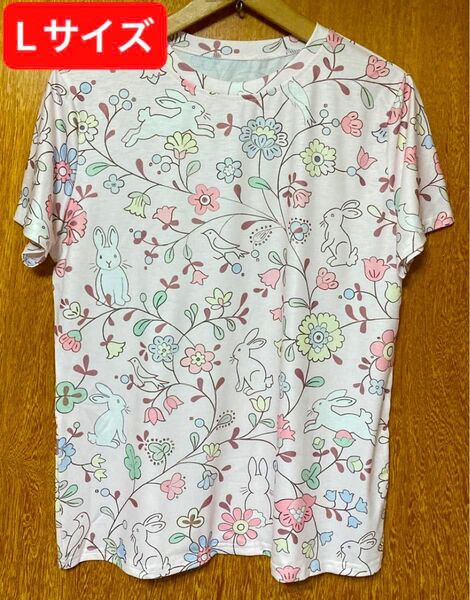 お花とうさぎさん♪ うさぎ柄 半袖Tシャツ ピンク Lサイズ