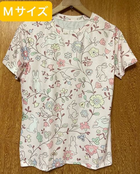 お花とうさぎさん♪ うさぎ柄 半袖Tシャツ ピンク Mサイズ