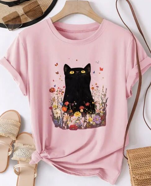 お花の中の黒猫ちゃん♪ 猫柄 半袖Tシャツ ピンク Lサイズ