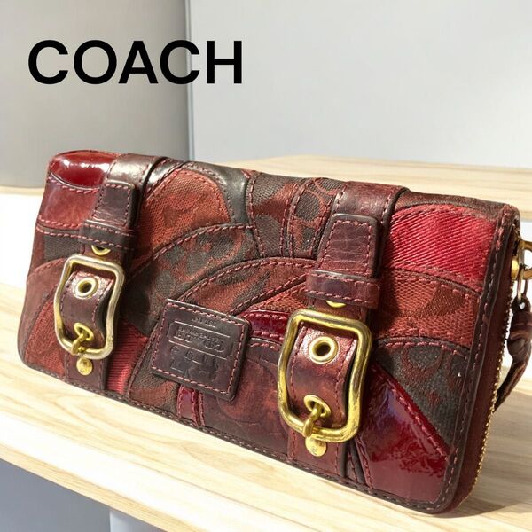 COACH コーチ 長財布 ラウンドファスナー パッチワーク 財布 シグネチャー