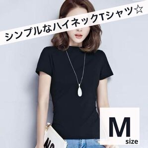 Tシャツ カットソー トップス 半袖 M シンプル 無地 ハイネック 細身 タイト インナー レイヤード レディース 韓国 定番