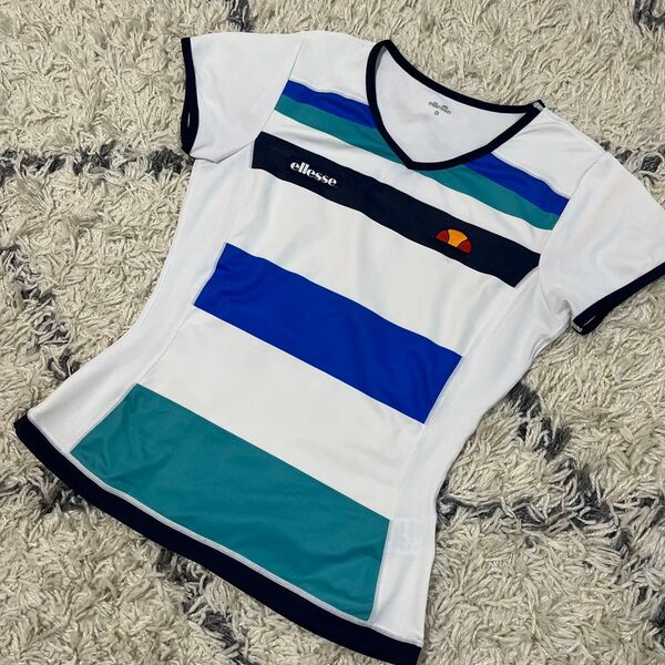 ellesse ボーダー柄 半袖Tシャツ Mサイズ ホワイト×ブルー×グリーン レディース