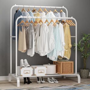 ハンガーラック 2段 頑丈 パイプハンガー 衣類収納 洋服掛けラック 子供 洋服 コートハンガー 洗濯物 室内干し 家族 ホワイト