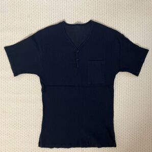 【美品】シアサッカー生地 ヘンリーネック 胸ポケット付き 半袖Tシャツ 黒 L 綿100% 肌着
