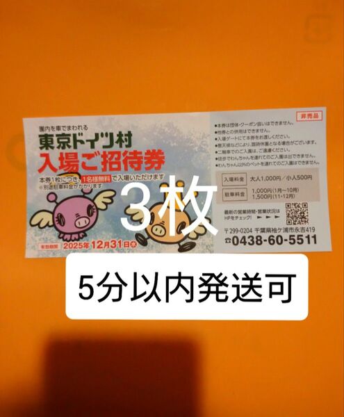 東京ドイツ村 入場ご招待券 チケット3枚 入園ご招待券 入園券 割引券 クーポン 無料券 無料チケット