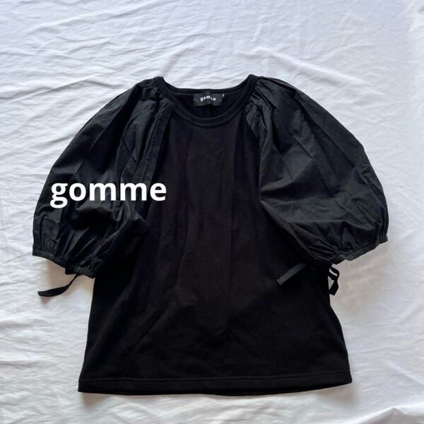 gomme バルーンスリーブトップス 日本製 ブラック カットソー ゴム Tシャツ 変形 5分袖 ボリュームスリーブ デザイン 黒