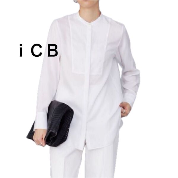 洗える ICB 大きいサイズ キュプラコットン ブザムシャツ 日本製 ゆったり ノーカラー ブラウス アイシービー XL 白シャツ