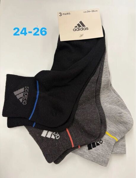 adidas アディダス 靴下 ソックス メンズ 3足組 約 10cm丈 ブラック、ダークグレー、グレー 24〜26cm