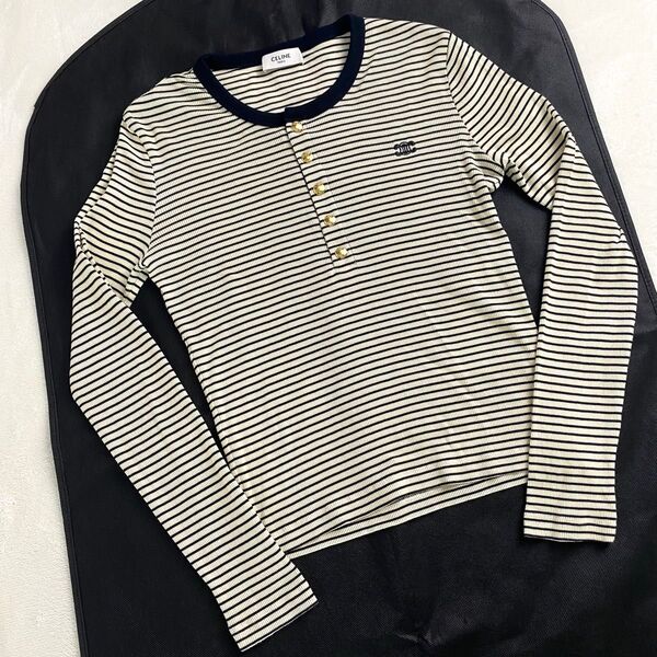 【未使用級☆高級】CELINE セリーヌ ボーダー ストライプ 長袖カットソー Tシャツ トリオンフ 刺繍ロゴ XS