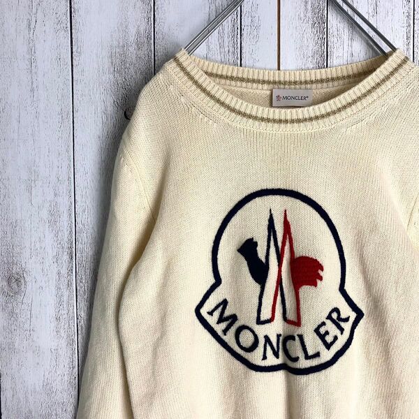 【希少☆美品】モンクレール MONCLER 長袖 ニット セーター ロゴ 刺繍 ホワイト ウール カシミヤ混 S