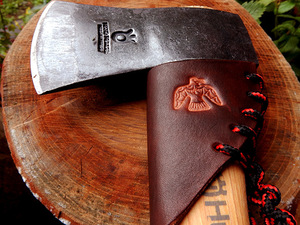 ハスクバーナ 手斧38cm用 サンダーバード刻印ネックガード 30% Off 特別版 ダークブラウン　レザー 薪割り キャン３０