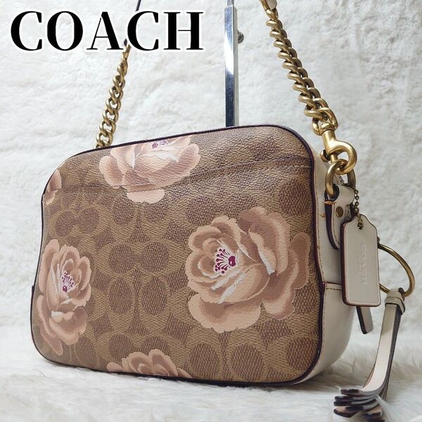 【美品】COACH コーチ チェーンショルダーバッグ カメラバッグ シグネチャー ローズ 薔薇 肩掛け 斜め掛け クロスボディ
