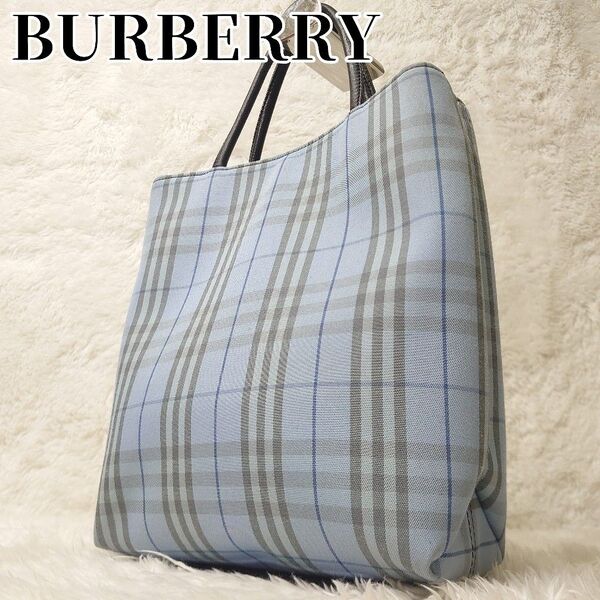 【美品】BURBERRY LONDON バーバリー ミニトートバッグ ノバチェック ブルー ハンドバッグ レザーハンドル