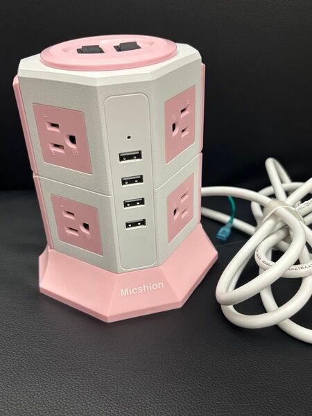 タワー式電源タップ コンセント ピンク