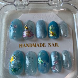 10本セット ハンドメイド ネイルチップ 水色 金箔 シェル ホログラム