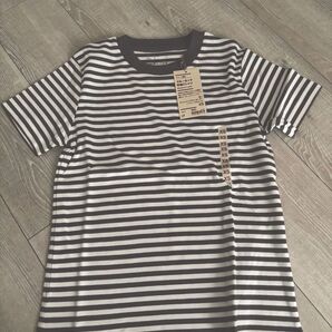 無印良品 スムース編みクルーネック半袖tシャツ グレイッシュブラウンボーダー xs