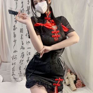 中華風チャイナドレス 黒×赤リボン