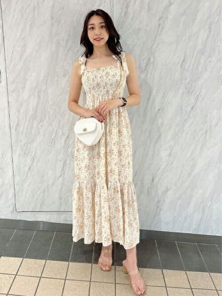 INGNI イング 花柄 黄色い ロングワンピース フリル リボン 清楚系 ノースリーブワンピース キャミソールワンピース M