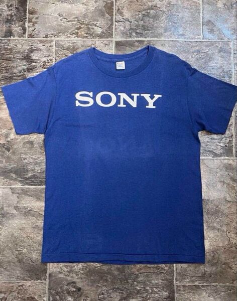 【80s VINTAGE】希少 USA製 championチャンピオン×SONYトリコタグ50/50企業ロゴTシャツ青sizeXL