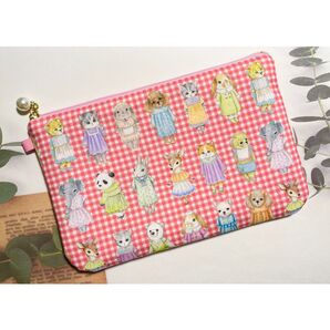 ☆ハンドメイド☆ ユキエモン マイコーデ レッド ふんわり フラットポーチ【L】