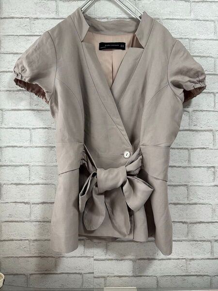 ZARA WOMAN 半袖ジャケット前リボンXS テーラードジャケット袖ギャザー
