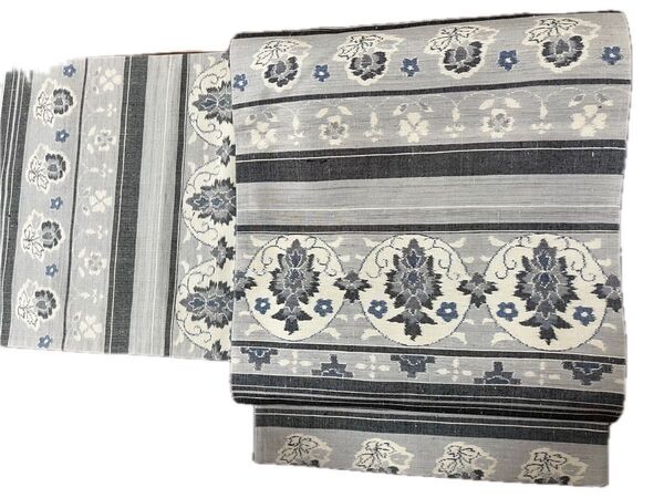 【6】小千谷紬 袋帯 全通 カジュアル 正絹 中古 グレー 花