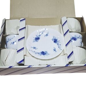 未使用 HOYA CHINA White Shadow clean 青い花柄 カップ&ソーサー 6客セット ブルー草花模様