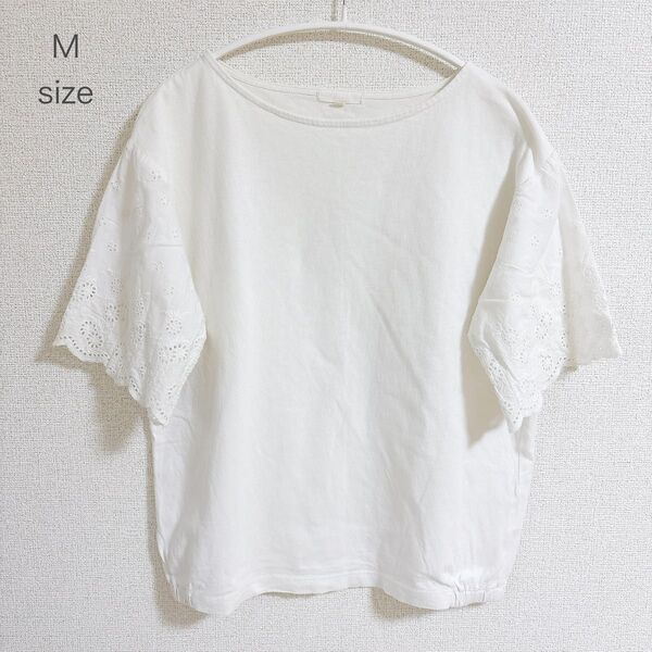 レディース 半袖 Tシャツ カットソー レース 無地 白 ホワイト M サイズ