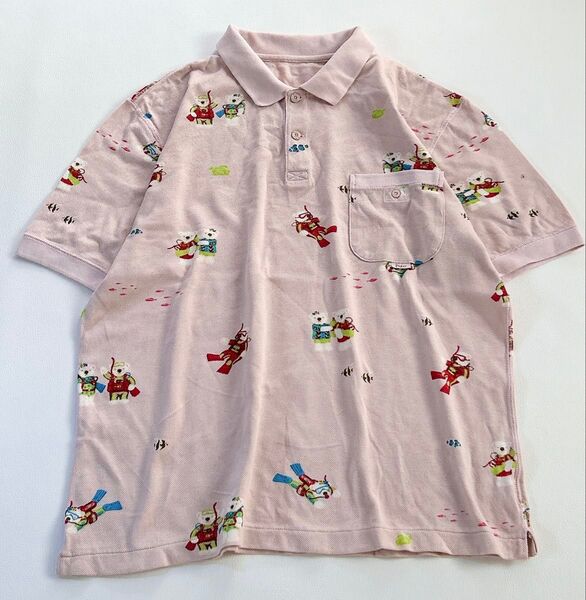 レア▼美品 PAPAS パパス ベア柄ポロシャツ トップス 半袖 総柄 ピンク M相当 日本製 M相当