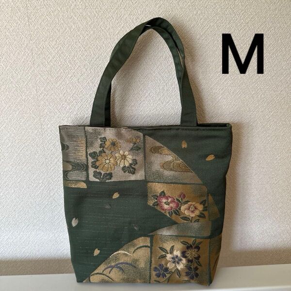 帯リメイク トートバッグ モスグリーン 小花柄 Mサイズ
