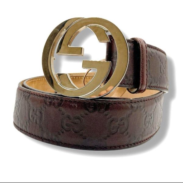 美品 GUCCI グッチ ベルト シマ インターロッキング ブラウン レザー 総柄 ゴールド GG スプリーム メンズ 正規品