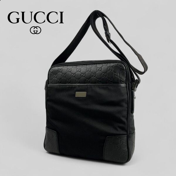 ■GUCCI ■ 男女兼用 グッチシマレザーxナイロン GG柄 ショルダーバッグ
