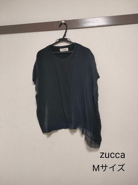 レディースzucca半袖カットソー 濃紺Tシャツ プルオーバー アシンメトリー無地 人気カットソー おしゃれTシャツ Mサイズ