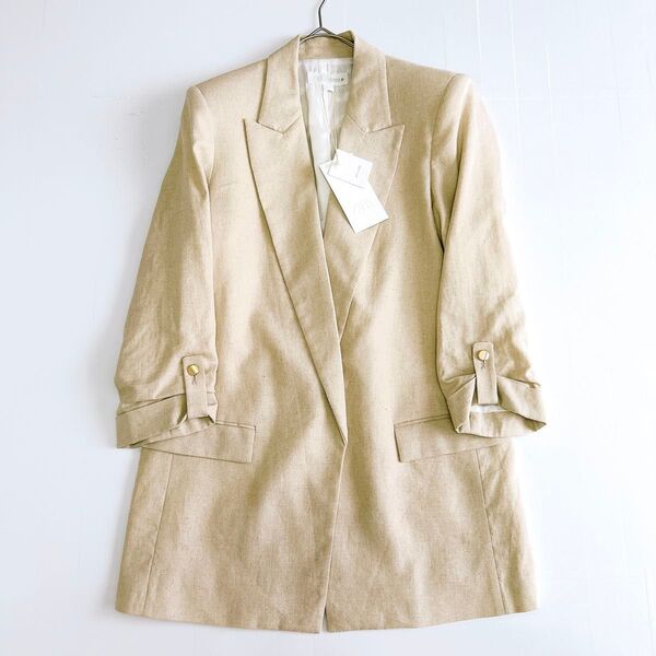 新品タグ付き ZARA ザラ ロールアップスリーブ リネンブレンド ジャケット テーラードジャケット 麻 ベージュ S