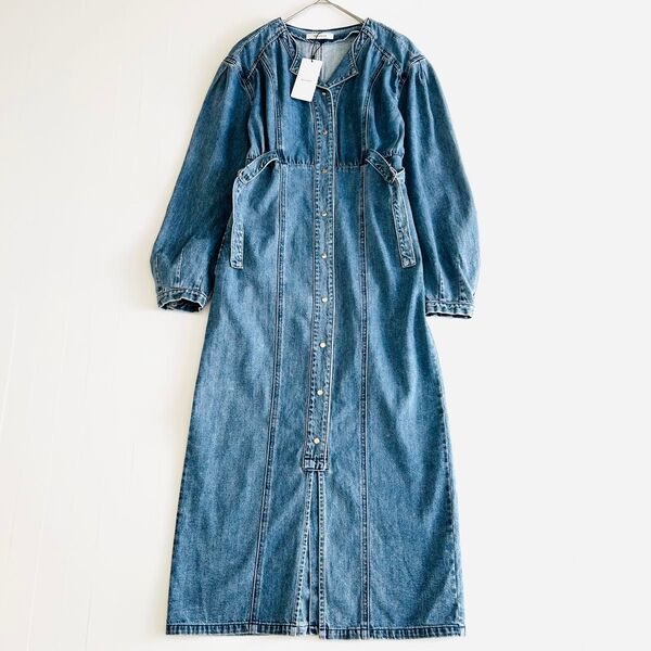 新品 moussy マウジー 定価1.7万円 デニム シャツ ワンピース ベルトデニム ロング 長袖 ボタン 1 M