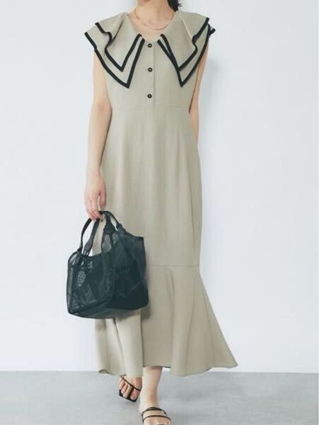 美品la boutique BonBon ラブティックボンボンパイピングマーメイドワンピース ベージュ M