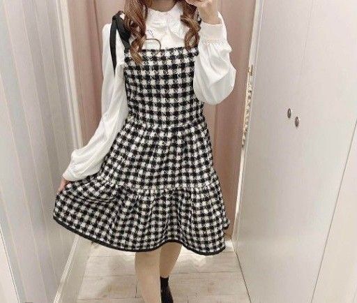【美品】evelynショルダー リボン ティアードツイード ワンピース ブラウン